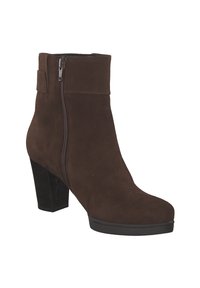 Brown suede ankle boot with a side zipper, a block heel, and a cushioned insole. Smooth texture, rounded toe, and subtle stitching detail.