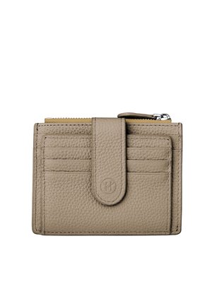 Gestructureerde beige leren portemonnee met een flap-sluiting, meerdere kaartsleuven en een ritscompartiment aan de bovenkant voor munten of kleine voorwerpen.