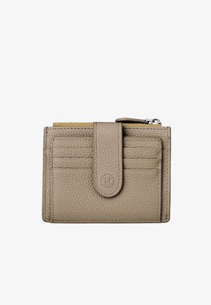 Portefeuille en cuir beige texturé avec une fermeture rabat, plusieurs emplacements pour cartes et un compartiment zippé en haut pour les pièces de monnaie ou les petits objets.