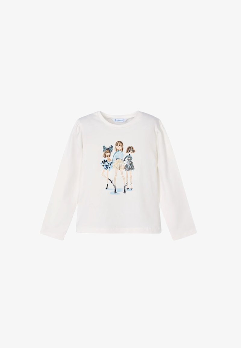 Camicia bianca a maniche lunghe in cotone con illustrazione di tre ragazze in abiti colorati sul davanti. Tessuto morbido, vestibilità casual.