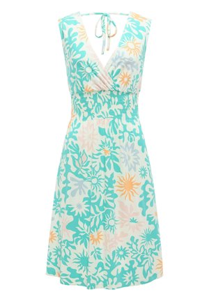 Letnia sukienka bez rękawów z dekoltem w serek, wiązaniem z tyłu, marszczoną talią oraz pastelowym wzorem kwiatowym i słonecznym w kolorach turkusowym, pomarańczowym i jasnoróżowym.