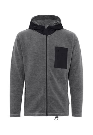 Grå zip-up jakke med sort hætte og brystlomme. Funktioner inkluderer tekstureret stof og justerbare snore i hætten og i kanten.