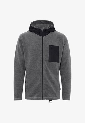 Gray zip-up jacket with a black hood and chest pocket. Features include textured fabric and adjustable drawstrings at the hood and hem.