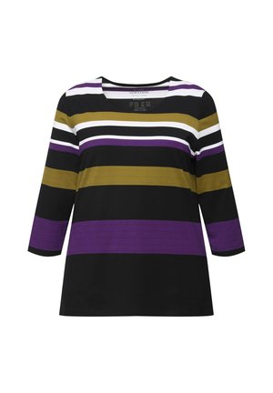 Černé tričko s horizontálními pruhy v olivové, fialové, bílé a světle fialové barvě. Má kulatý výstřih a tříčtvrteční rukávy.