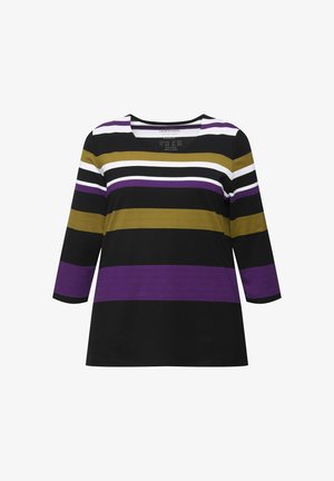 Schwarz gestreiftes Shirt mit horizontalen Streifen in Olivgrün, Lila, Weiß und Helllila. Hat einen runden Ausschnitt und Dreiviertelärmel.