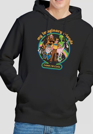 Graphic on black hoodie shows a child with an alien, unicorn, Bigfoot, dwarf warrior, and floating eyeball with text "my imaginary friends think I'm cool."
