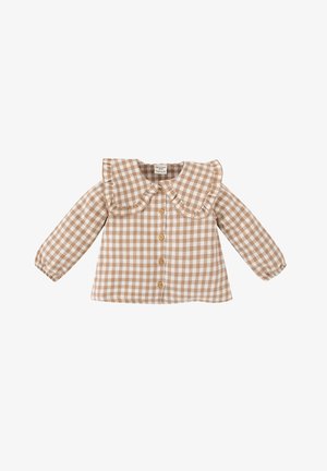 Beżowa i biała bluzka dla malucha w kratę gingham z długim rękawem, dużym falbankowym kołnierzem i przednimi drewnianymi guzikami.