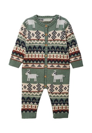 Grenouillère bébé tricotée verte avec boutons sur le devant, avec des motifs de lama blanc et des motifs géométriques en crème, marine, rouille et vert foncé.