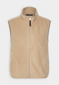Veste polaire beige sans manches avec fermeture éclair frontale et col montant, conçue pour la chaleur et un usage décontracté.