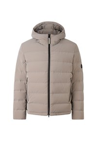Padded beige jacket with a hood, featuring a front zipper, horizontal stitch pattern, and side pockets. Black accents on the zipper and sleeve.
