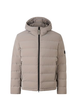 Padded beige jacket with a hood, featuring a front zipper, horizontal stitch pattern, and side pockets. Black accents on the zipper and sleeve.
