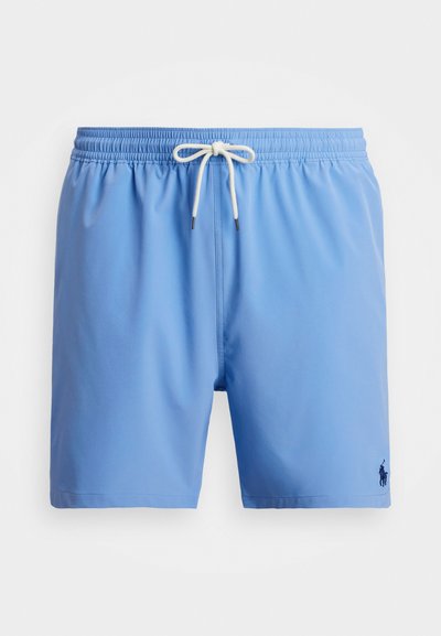 Pantaloni scurți de înot de culoare albastru deschis, dintr-un material neted, cu un tiv elastic și cordon de ajustare, având un mic logo pe marginea stângă.