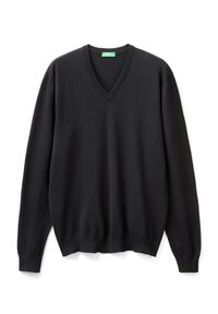 Černý pullover s výstřihem do V a dlouhými rukávy, žebrovaný límec a manžety, měkký materiál, přiléhavý střih, bez vzorů a ozdob.