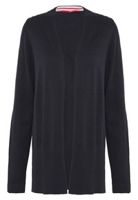 Svart stickad kofta med öppen frontdesign, långa ärmar och ribbad textur vid ärmsluten och nederkant. Enkel och mångsidig stil.