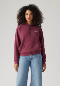 Burgundy hoodie med en framficka, dragsko kapuschong och logotypdetalj. Kombinerad med ljusblå vida jeans som har en avslappnad passform och textur.