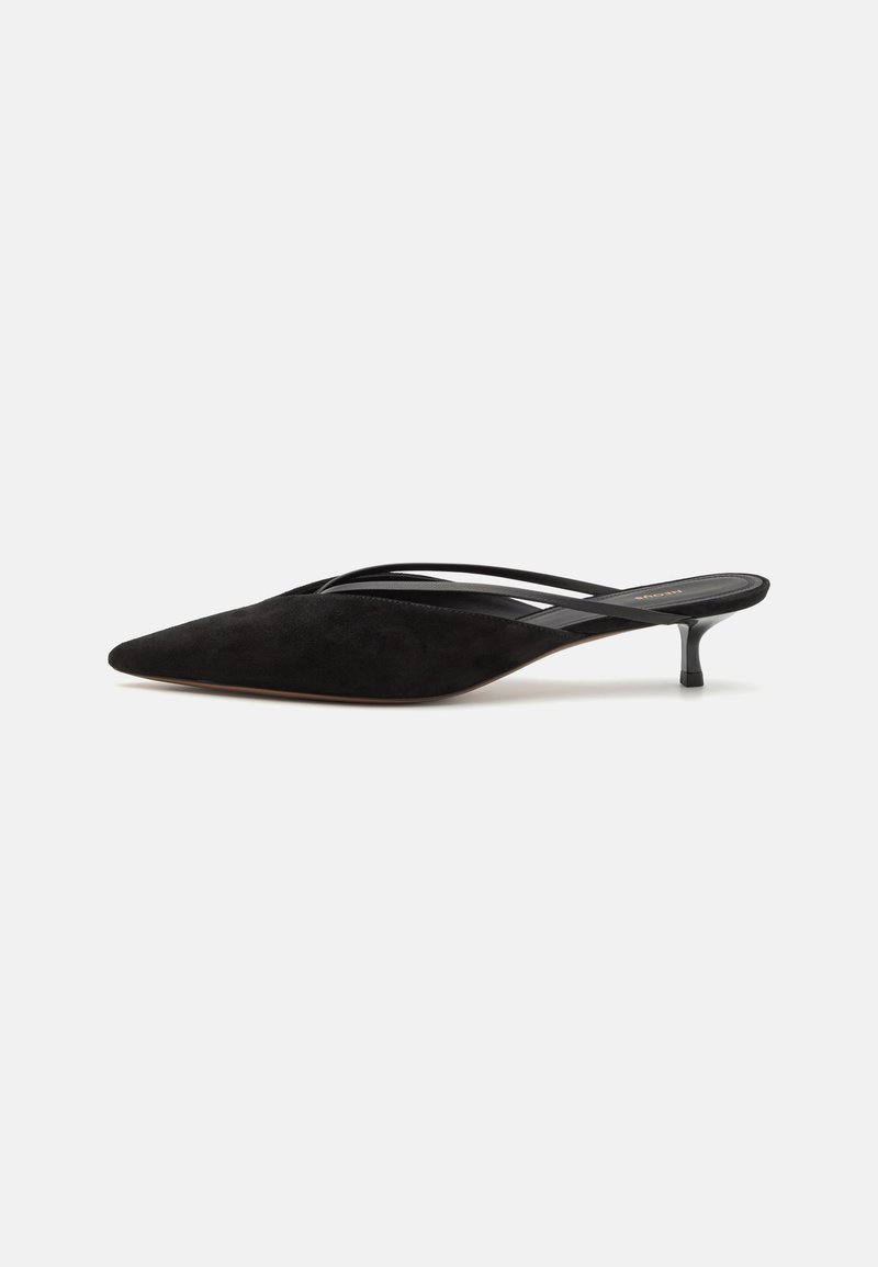Black suede pointed-toe mules with slender black straps and a short stiletto heel, featuring a smooth leather insole and no visible patterns.