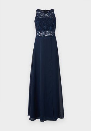 Navyblauwe avondjurk met een kant bodice versierd met pailletten, mouwloos ontwerp en een vloeiende rok met een hoge split.