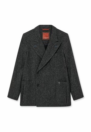 Karbonasto siva dvoredna blazer jakna iz teksturiranega materiala, ki ima dva sprednja žepa, diskretne modre šive in zarezan ovratnik.