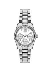 Srebrny zegarek ze stali nierdzewnej z okrągłą tarczą, kryształowym ozdobieniem na bezel, trzema podtarcze i bransoletą o ogniwowym wzorze.