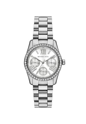 Reloj de acero inoxidable plata con esfera redonda, adornos de cristal en el bisel, tres subesferas y un diseño de pulsera de eslabones.