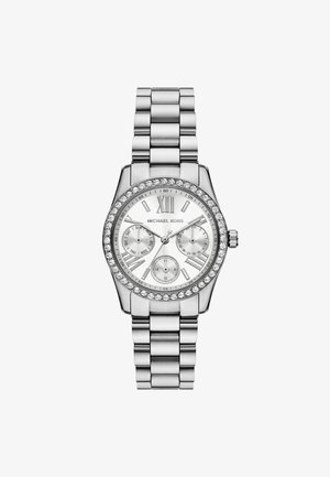 Zilveren roestvrijstalen horloge met een ronde wijzerplaat, kristallen versiering op de bezel, drie sub-dials en een schakelarmband ontwerp.