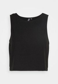 Black ribbed crop top featuring a round neckline and sleeveless design. The fabric has a soft texture with visible vertical lines.