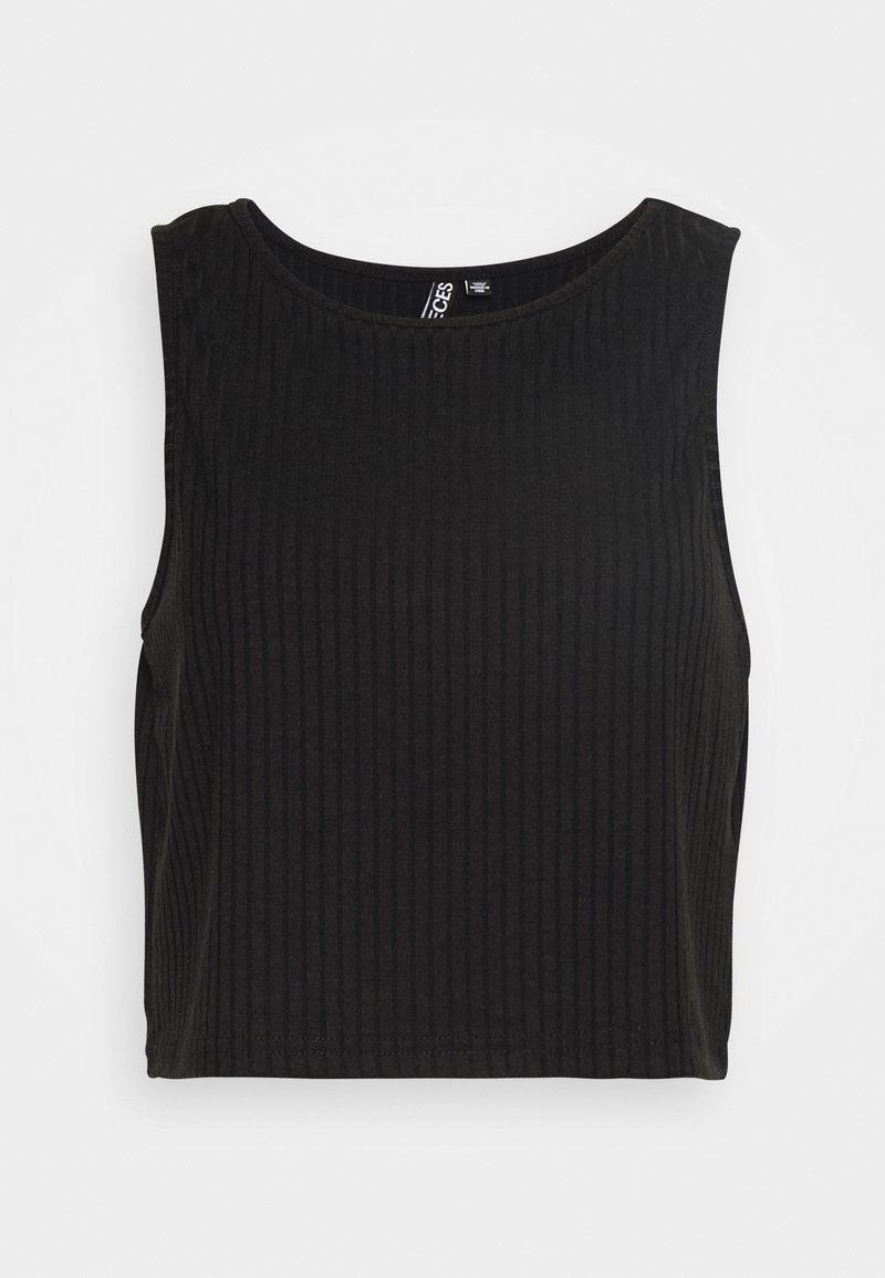 Black ribbed crop top featuring a round neckline and sleeveless design. The fabric has a soft texture with visible vertical lines.