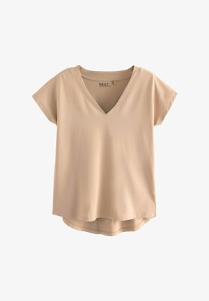 Beige T-shirt met korte mouwen en V-hals, gemaakt van zachte stof. Heeft een afgeronde onderrand en een label aan de binnenkant van de kraag met de merknaam.