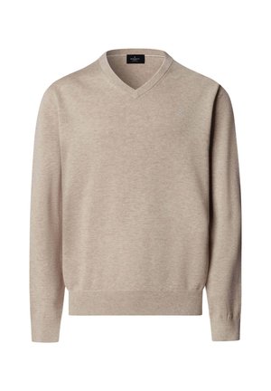 Beige lange mouw V-hals trui met geribbelde manchetten en zoom, gemaakt van zacht gebreide stof, weergegeven tegen een effen witte achtergrond.