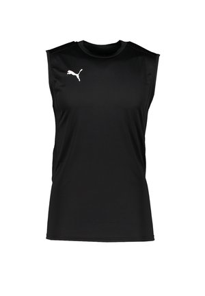 Schwarzes ärmelloses Sportshirt mit weißem Puma-Logo auf der oberen linken Brustseite, hergestellt aus glattem, atmungsaktivem Stoff.