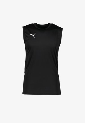 Czarna sportowa koszulka bez rękawów z białym logo Puma na górnej lewej części klatki piersiowej, wykonana z gładkiego, oddychającego materiału.