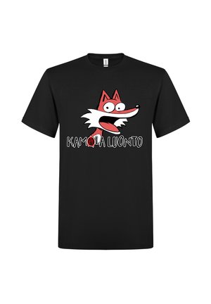 Sort bomulds T-shirt med et tegneserie-fugl grafik i rød og hvid, med teksten "KAMALA LUONTO" nedenfor i fede, hvide bogstaver.