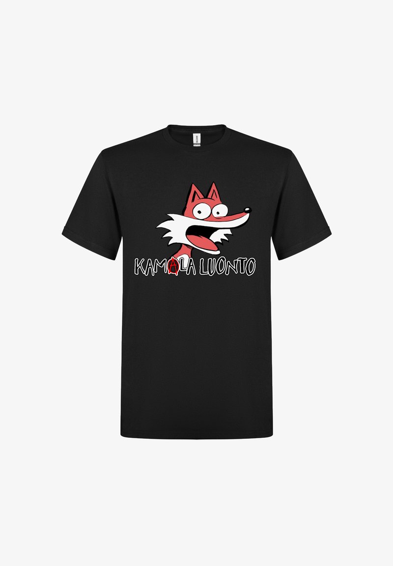 Černé bavlněné tričko s grafikou pohádkového lišáka v červené a bílé barvě, pod kterým je v tučných bílých písmenech text "KAMALA LUONTO".
