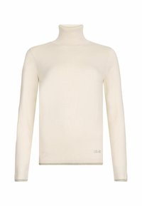 Pull à col roulé crème à manches longues avec une bordure métallique subtile aux poignets et à l'ourlet, avec un petit logo « LIU JO » près de l'ourlet.