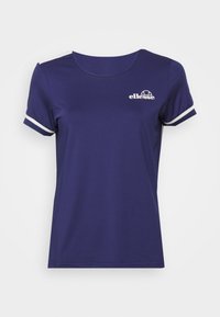 Marinblå t-shirt med kort ärm och vita detaljer samt rund halsringning. Har en liten logotyp på bröstet och en mjuk, lätt textur.