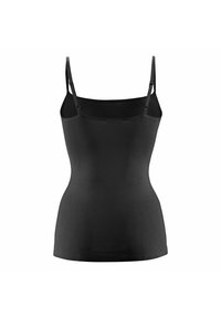 Zwarte camisole met verstelbare spaghettibandjes, gemaakt van een soepele rekbare stof, met een aansluitend ontwerp en een rechte zoom.