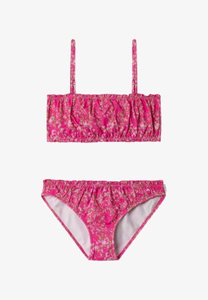 Roosa kaheosaline bikiin, millel on õhukesed rihmad ja õrn lillemuster heledates roosa ja beeži toonides.