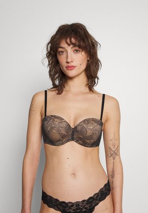 Black lace push-up bra with floral pattern, underwire support, and adjustable thin straps. Paired with matching lace hipster briefs.