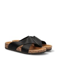 Chanclas de cuero negro con tiras entrelazadas, plantilla de corcho y suela de goma texturizada. Diseño casual adecuado para el clima cálido.