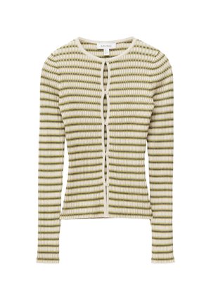 Langärmeliger, gerippter Strickcardigan mit horizontalen grünen und cremefarbenen Streifen, rundem Ausschnitt und vorderer Knopfverschluss.