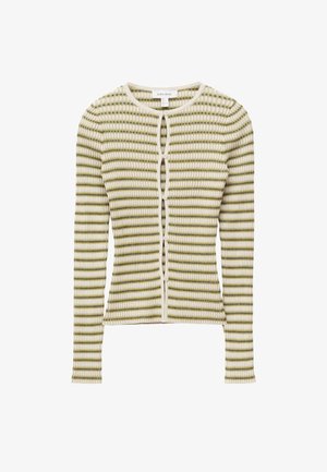 Langärmeliger, gerippter Strickcardigan mit horizontalen grünen und cremefarbenen Streifen, rundem Ausschnitt und vorderer Knopfverschluss.