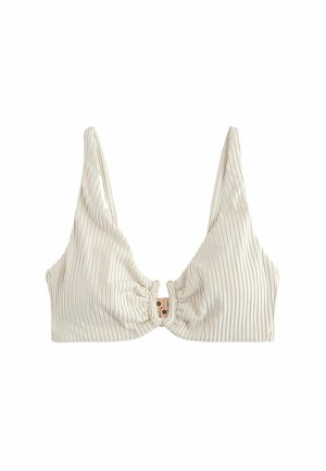 Kremfarvet ribstrikket stof-bh med tynde stropper og lukning foran, let rynket i midten.