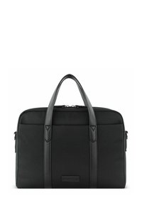 Borsa per laptop nera in tela con dettagli in pelle, manici doppi in cima, due tasche frontali con zip e un logo sottile sul pannello anteriore.