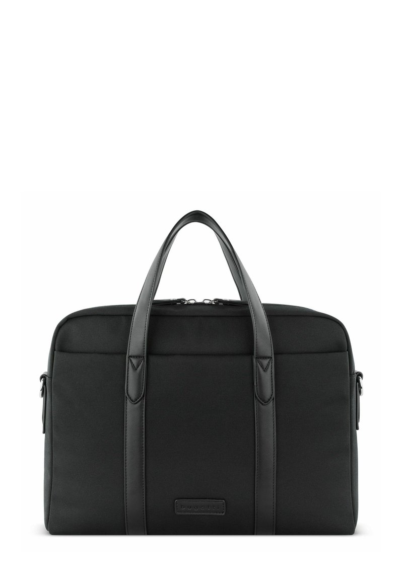 Borsa per laptop nera in tela con dettagli in pelle, manici doppi in cima, due tasche frontali con zip e un logo sottile sul pannello anteriore.