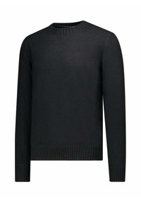 Zwarte gebreide trui met een ronde hals, geribbelde manchetten en zoom. Gladde textuur met een effen kleur en een klassieke, eenvoudige uitstraling.