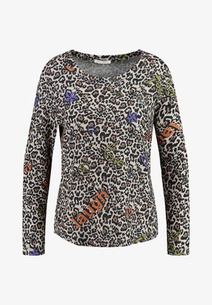 Long-sleeve crew neck shirt with leopard print and colorful words like "love" and "laugh," plus purple stars and small heart designs.