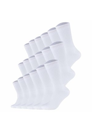 Quatorze paires de chaussettes blanches montantes avec bord gris en haut, disposées en grille décalée sur fond blanc.