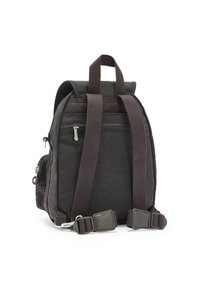 Zaino in tessuto nero con finitura testurizzata, due spallacci regolabili, tasca con zip sul retro e tasca laterale con accessori.