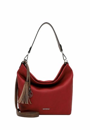 Rote lässige Schultertasche mit braunem verstellbarem Riemen und Quasten-Detail, silberner Hardware und kleinem Logo vorne.