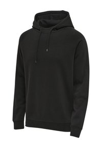 Czarna bluza z kapturem i długim rękawem, ze sznurkami, ściągaczami na mankietach i u dołu, pokazana na białym tle bez widocznych logo ani wzorów.